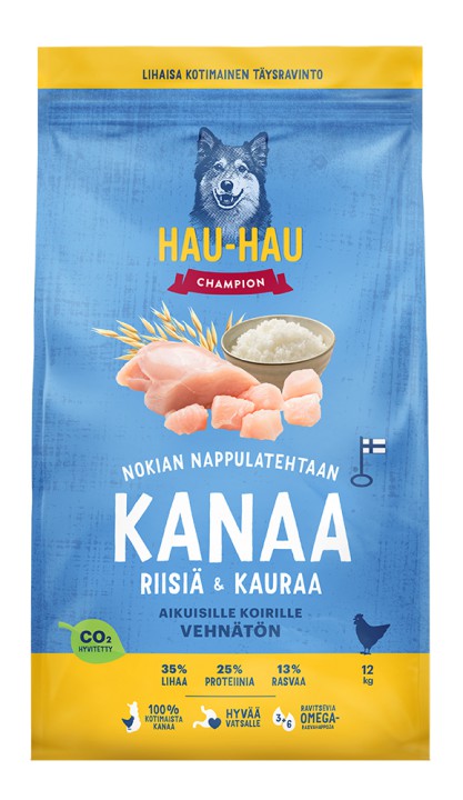 Hau-Hau Champion Kanaa, riisiä & kauraa aikuisille koirille 12 kg
