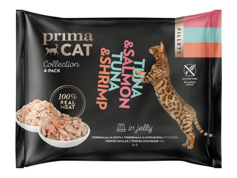 PrimaCat Fillets Tonnikala-lohi & tonnikala-katkarapu hyytelössä kissoille 4 x 50 g